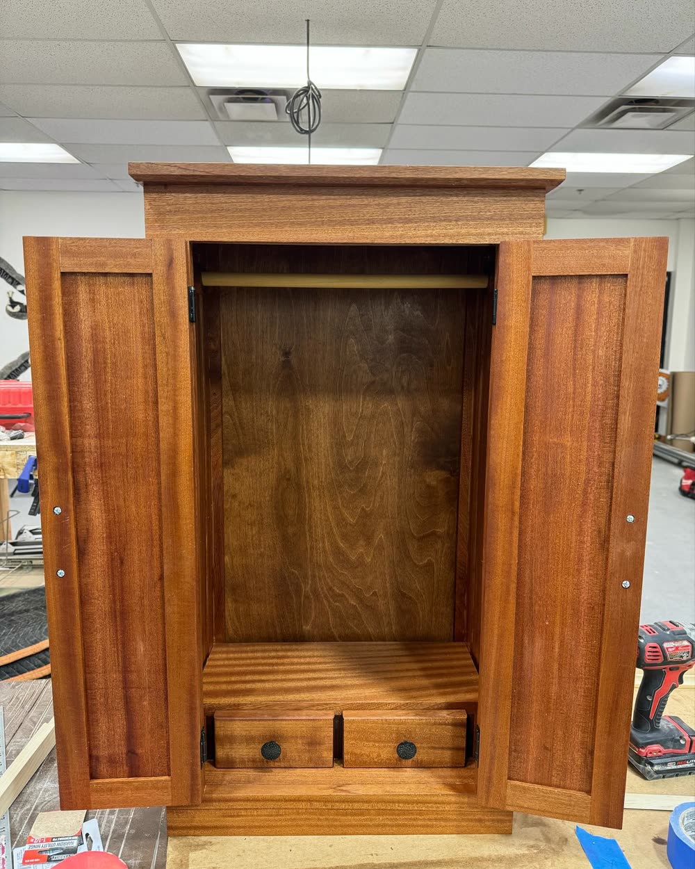 Sapele cabinet, open, with drawers below